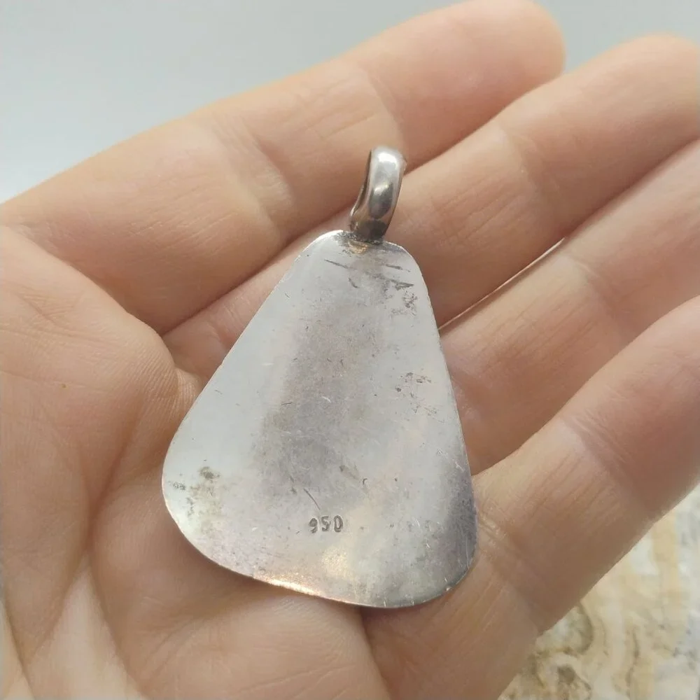 Stunning 950 Silver Blue Green Matrix Turquoise Pendant Triangle Shaped - Picture 7 of 10